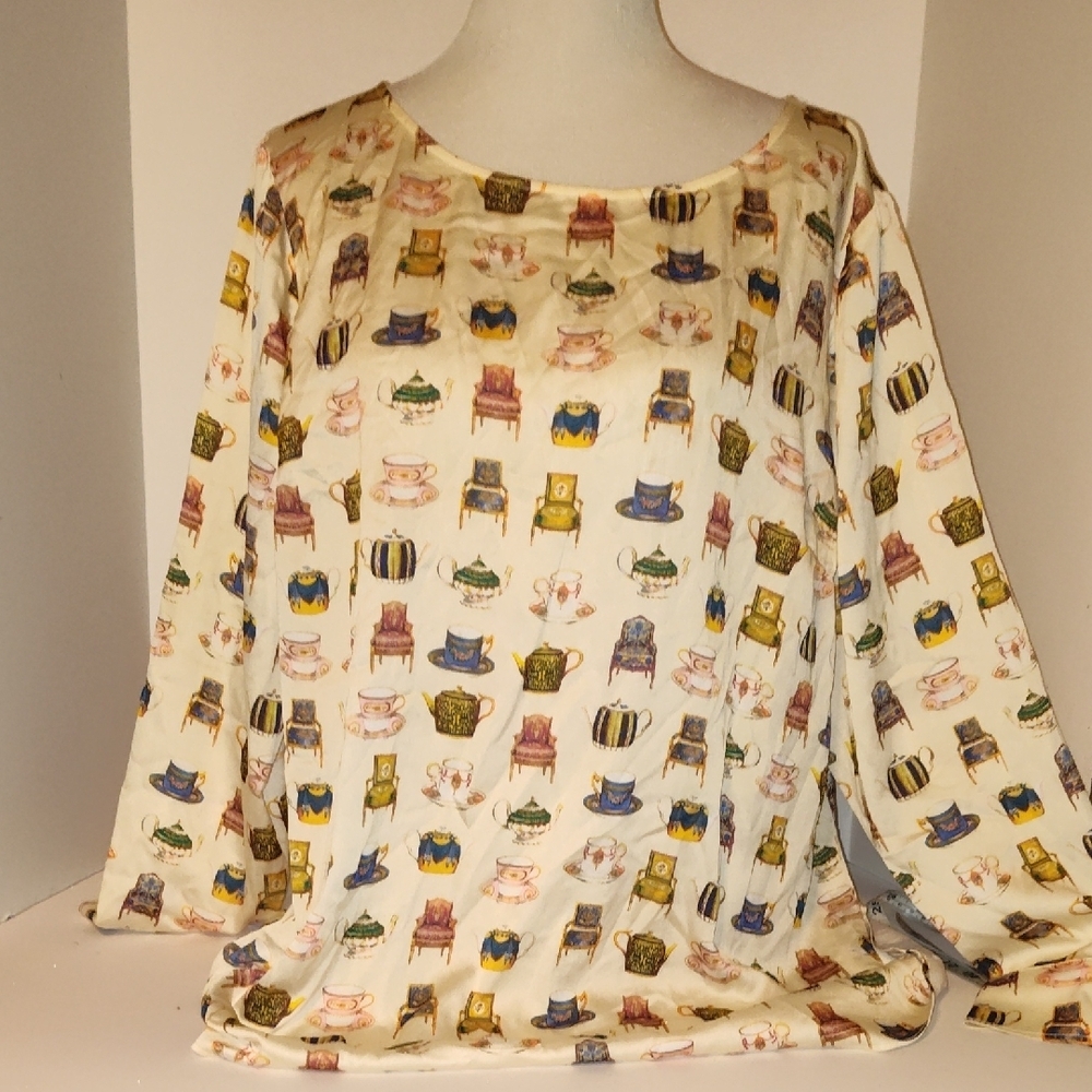 Talbots  Women's 2x Long Sleeves Teacup, Teapot, Chair Blouse